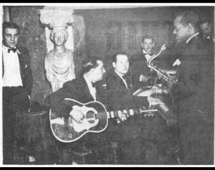 Django Reinhardt - Coleman Hawkins 1937 - Django Reinhardt - L-R Marcel Bianchi, Django, Stephane Grappelli, Jerry Mengo, Coleman Hawkins et Andre Dupont