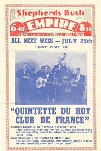 Django Reinhardt - affiche du QHCF avec Stephane Grappelli Affiche de la première tournée du QHCF en Angleterre à partir du 23 juillet 1938 La photo date de 1935