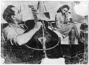 Django Reinhardt - Paulette Menard USA 1946 - Django Reinhardt - USA - Django in New York painting et Paulette Menard-Rubinstein-Curtis photo originale, Django with Gibson ES-300