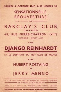 Django Reinhardt - affiche Barclay's Club 1947 Affiche du Barclay's Club - concert du QHCF avec Hubert Rostaing et Jerry Mengo - 4-10-1947
